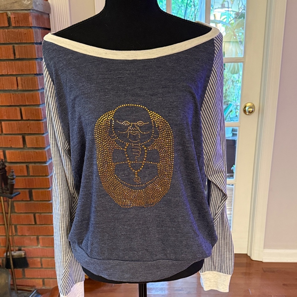 Alternative Blue and White Off-the-Shoulder Sweater